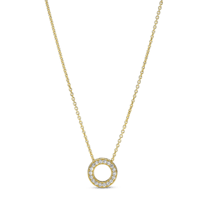 Collar Cadena Círculo De Pavé Con Logotipo Pandora Recubrimiento en Oro de 14k