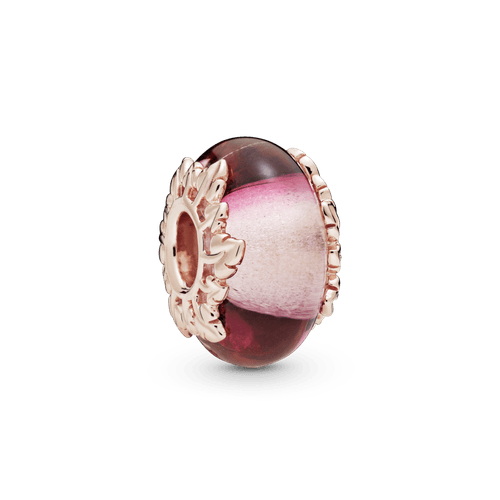 Charm de cristal Murano rosa y hojas Recubrimiento en Oro Rosa de 14k