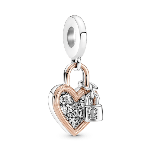 Charm Colgante Doble Candado Del Corazón Recubrimiento En Oro Rosa 14k