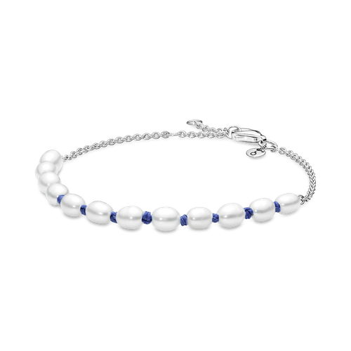 Brazalete de cadena de cuerda azul con perla cultivada de agua dulce