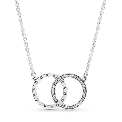 Collar Collier Círculos entrelazados relucientes con logotipo Pandora Recubrimiento en Oro de 14k