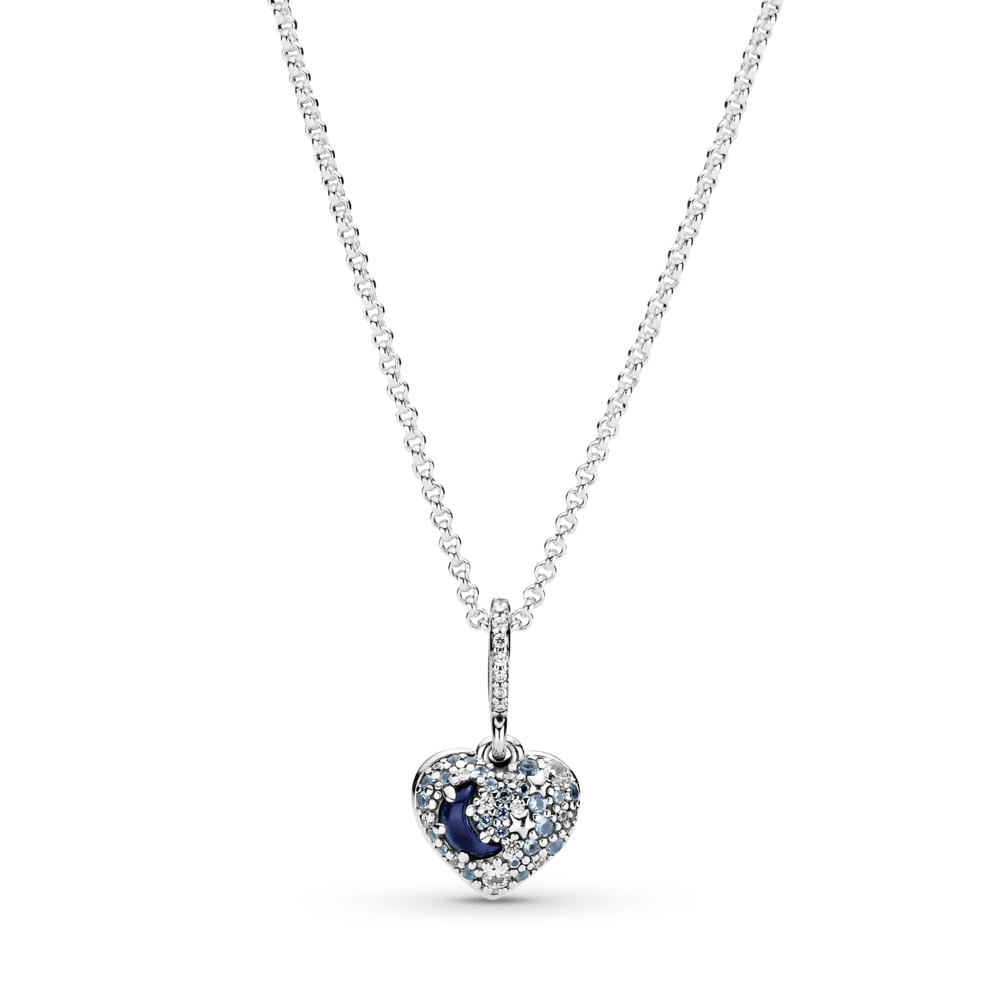 Collar de corazón con estrellas y luna azul brillante