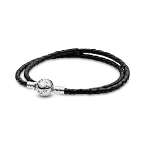 Brazalete doble de cuero negro Pandora Moments