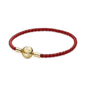 Brazalete De Piel Trenzada Roja Moments De Pandora Recubrimiento en Oro de 14k