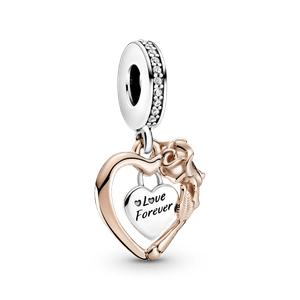 Charm colgante Corazón y Rosa Recubrimiento en Oro Rosa de 14k