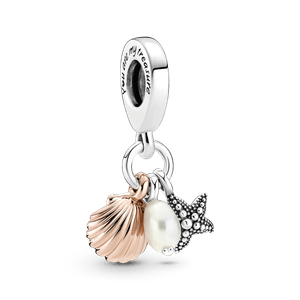 Charm Colgante Triple Perla Cultivada de Agua Dulce, estrella de mar y concha Recubrimiento en Oro Rosa 14k