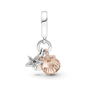 Charm Colgante Triple Perla Cultivada de Agua Dulce, estrella de mar y concha Recubrimiento en Oro Rosa 14k