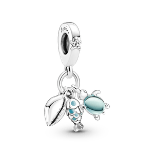 Charm colgante triple pescado, tortuga de mar y concha