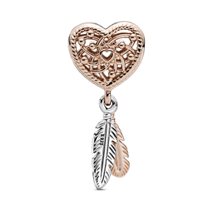 Charm Atrapasueños de corazones y dos plumas Recubrimiento en Oro Rosa de 14k