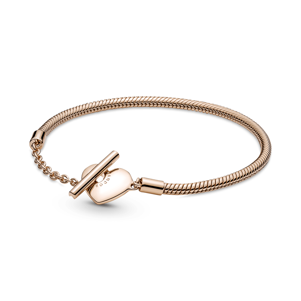 Brazalete Pandora Moments Cadena De Serpiente Con Un Recubrimiento En Oro Rosa De 14K Con Cierre En T Y Corazón