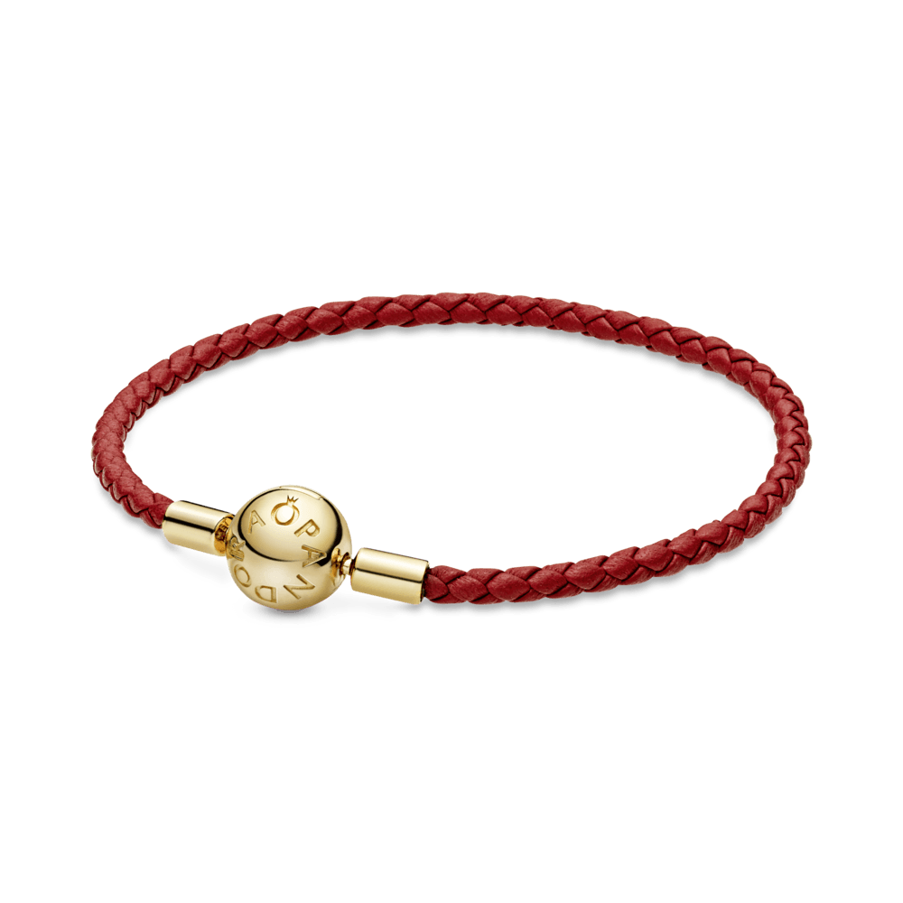 Brazalete De Piel Trenzada Roja Moments De Pandora Recubrimiento en Oro de 14k