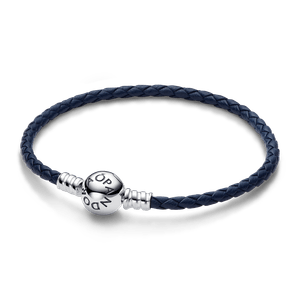 Brazalete de cuero trenzado azul con broche redondo Pandora Moments Pandora Plata Esterlina