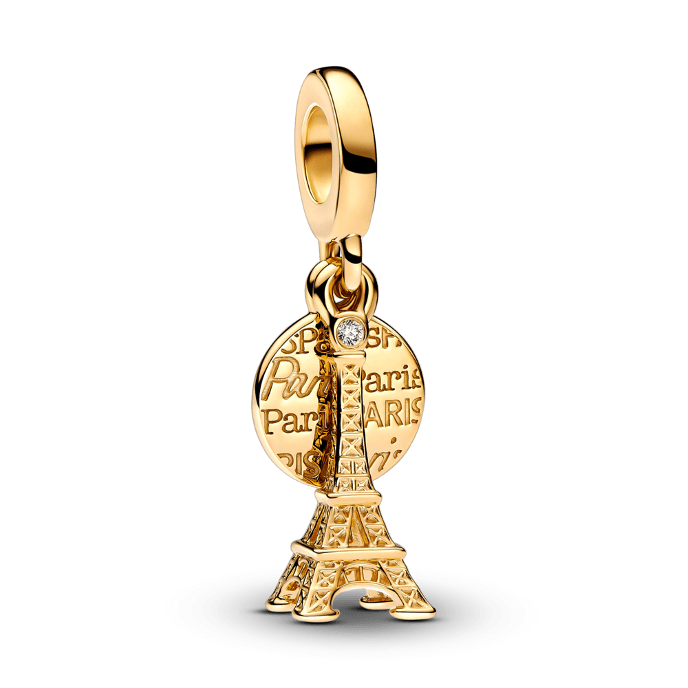 Charm Colgante Doble Grabable Torre Eiffel de París con Diamante Creado en Laboratorio