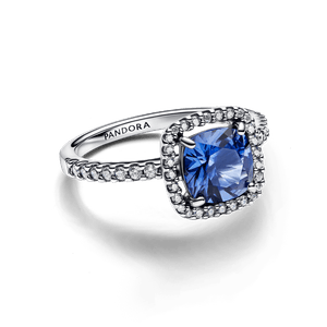 Anillo Declaración Halo Cuadrado Azul Brillante