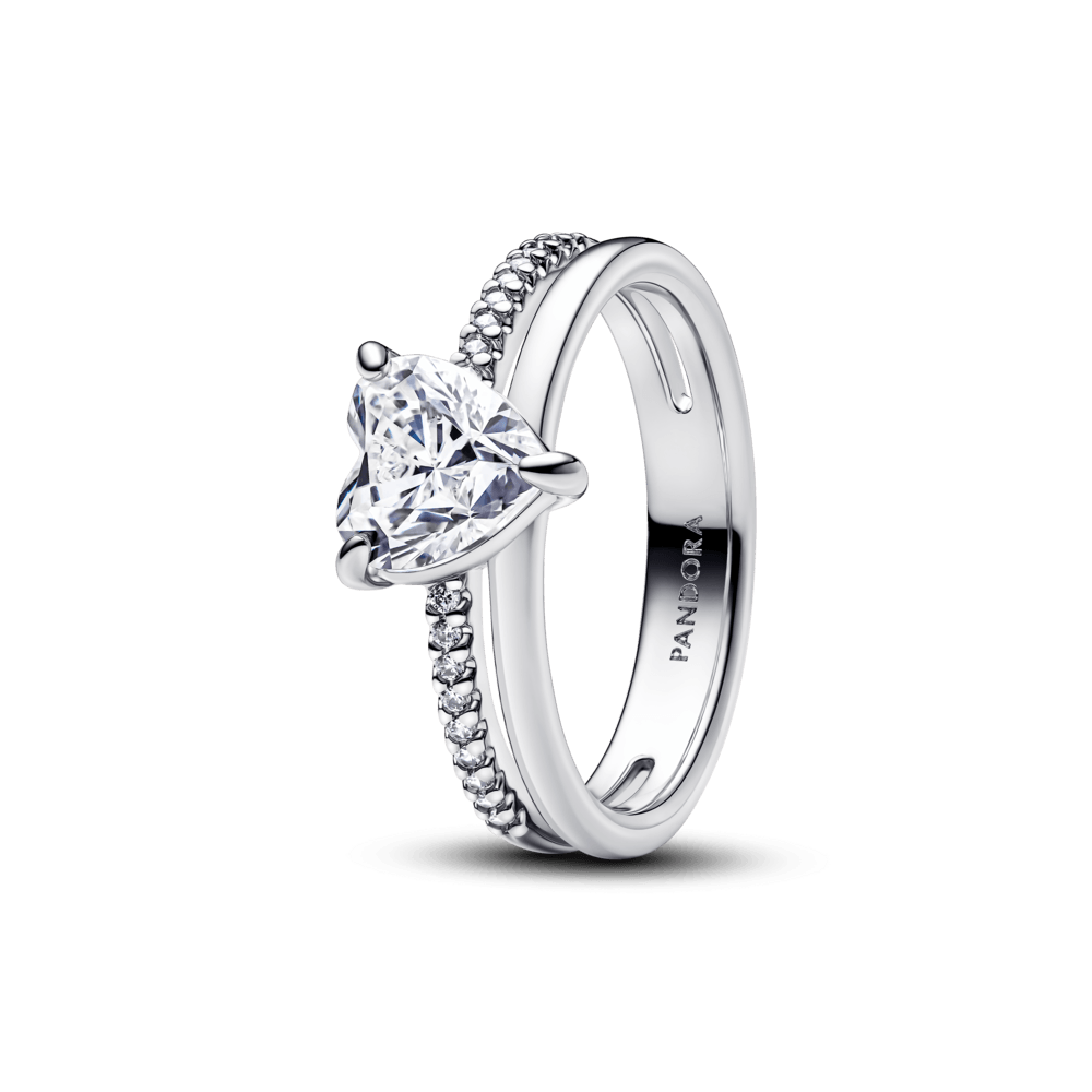 Anillo Corazón Doble Banda Plateada
