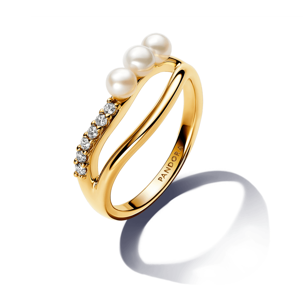 Anillo Perla Cultivada de Agua Dulce y Doble Banda Forma Orgánica