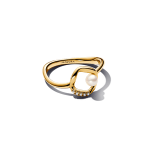 Anillo Perla Cultivada de Agua Dulce Tratada y Círculo en Pavé Forma Orgánica