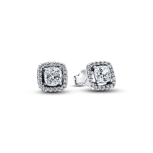 Aretes de Botón Halo Cuadrado Brillante Plateado